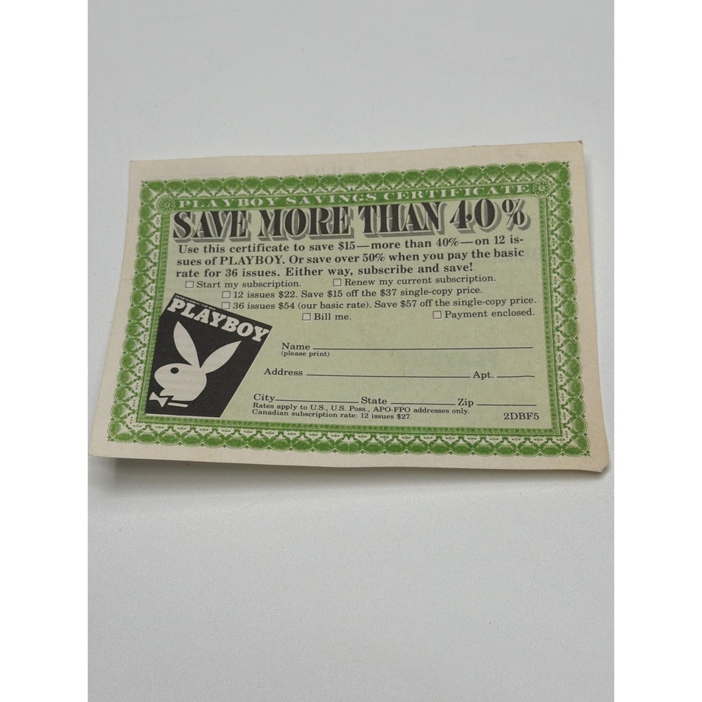 Vintage Playboy Magazine Subscription Savings‎ Certificate Card Bunny Logo 2DBF5